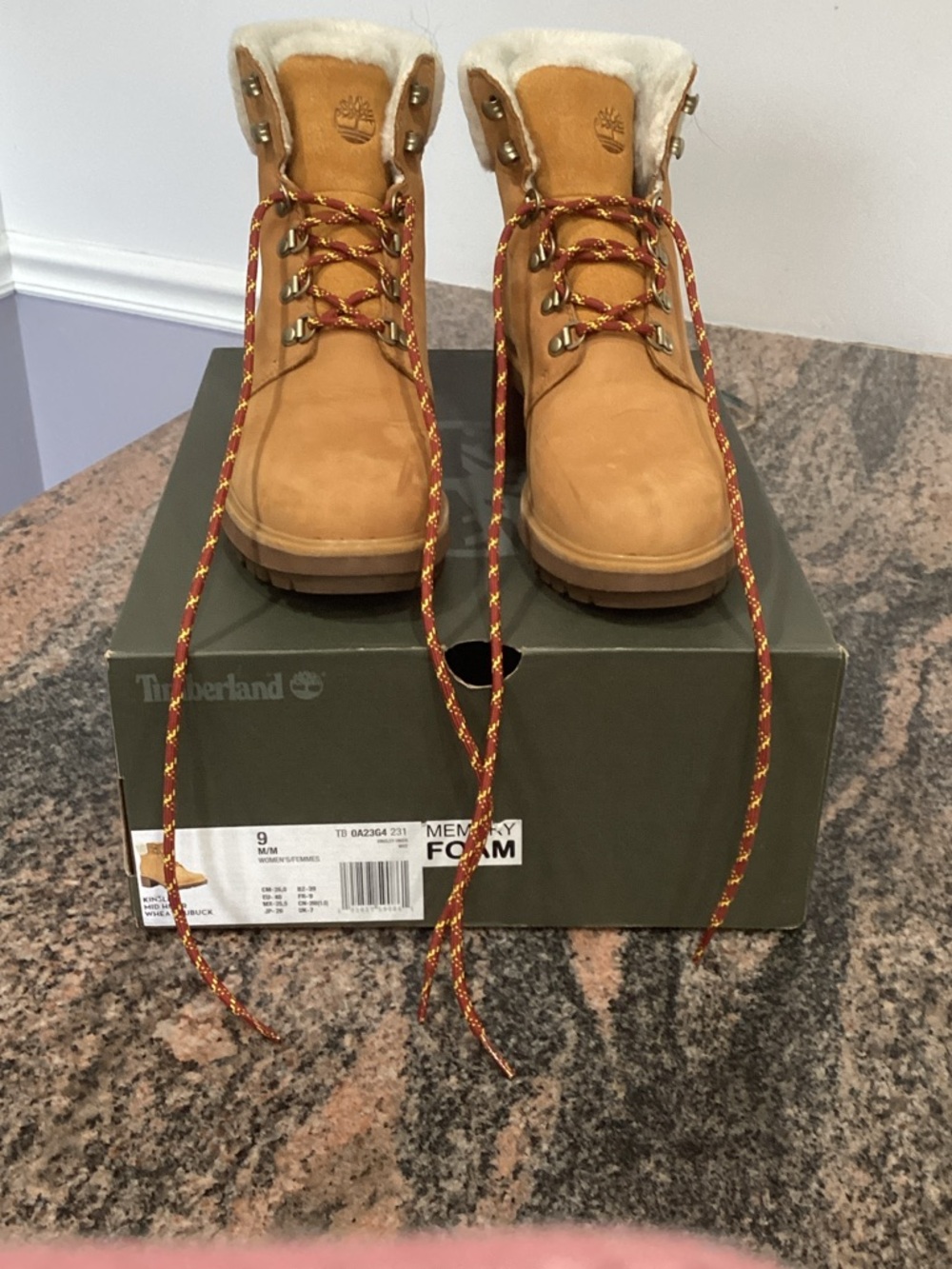 Timberland Wheat Nubuck Shearling Boots with Red and Yellow Laces